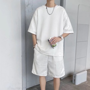 Summer Fashion Trend Men's Casual Solid Color Waffle Short-Sleeved Shorts <b>Set</b> Simple Loose Half Sleeve <b>Knitted</b> Weaving - Product Image 1