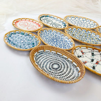 Assiette à gâteau ovale en céramique et rotin pour mariage, plateau à dessert et fruits en céramique en gros