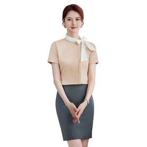 White Short Sleeve Bow Blouse Women Summer Slim Fit No-Wrinkle Hotel Uniform Skirt Set - Product Image 5