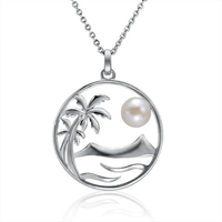 Collier pendentif palmier en argent sterling 925 avec perles noires de Tahiti et perles d'eau douce, thème vie marine