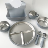 Ensemble de repas pour enfants en acier inoxydable 304, comprenant des assiettes à ventouse, une tasse pour tout-petits avec fourchettes et cuillères en silicone amovibles, et un bavoir de poche.