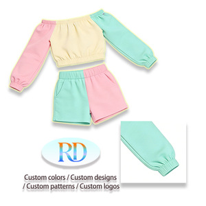 Abbigliamento OEM per <span class=keywords><strong>Bambini</strong></span> per Vacanze, Top <span class=keywords><strong>con</strong></span> Spalle Scoperte 96% Cotone + Pantaloncini, Completo Bambina Estivo Casual Personalizzato <span class=keywords><strong>con</strong></span> Blocchi di Colore - Product Image 5