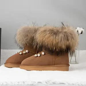 Sepatu bot pendek untuk wanita, sepatu bot pendek luar ruangan, sepatu bot salju bulu rubah kulit sapi tahan air hangat untuk wanita