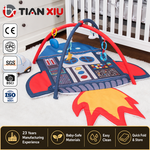 Tapis de jeu pour enfants 2-en-1 personnalisé et innovant, style fusée rouge, jouet souple, jouet sportif, tapis d'éveil pour bébé avec 5 jouets suspendus détachables - Product Image 1