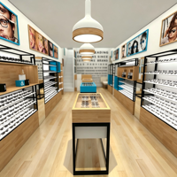 Meuble de présentation optique en bois clair pour lunettes, avec cadre en métal noir, pour présentoir mural, îlot ou table, idéal pour lunettes de soleil et montures de myopie