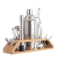 Accessoires à cocktails en acier inoxydable, ensemble de shakers à cocktails 350/550/750 ml, kit de barman 13 pièces avec support en bambou trapézoïdal