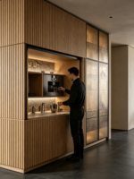 Meuble de chambre d'hôtel moderne en bois à usage commercial avec plateau en marbre, machine à café intégrée, design de porte en dalle et compartiment de rangement.