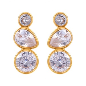 Nouvelles boucles d'oreilles pendantes en acier inoxydable plaqué or 18 carats, forme goutte d'eau, avec 3 zircone, bijoux en or - Product Image 2