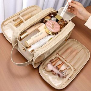 <b>Large</b> Capacity Eco-Friendly Recyclable PU Leather Makeup <b>Bag</b> Double Zipper Compartments Travel Cosmetic Organizer Waterproof - Product Image 5