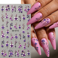 Autocollant 5D en relief pour ongles, motif floral rose, violet, orange, fleur de printemps, autocollant pour ongles, décalcomanie manucure cœur d'amour Saint-Valentin