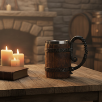 Tasse à bière en bois brut de Simulation 3D, gobelet de chevalier rétro en bois Viking, tasses à vin en acier inoxydable, tasses à café