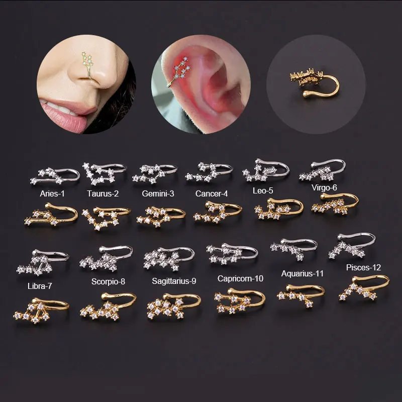 Fashion Piercing Jewelry 12 Zodiac Sign Nose Ear Clip Cuff Piercing Nose Ring for Women