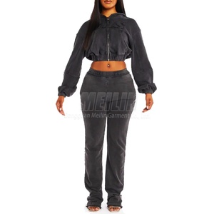 Conjunto de Sudadera con Capucha y Pantalones Deportivos para Mujer, con Logotipo Bordado, Lavado Ácido, Cierre de Cremallera, Color Negro, Dos Piezas - Product Image 2