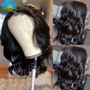 Parrucche vergini allineate perruque water wave crotchet jet capelli peruviani neri peruk bob parrucche frontali in pizzo corto per donne nere - Product Image 3