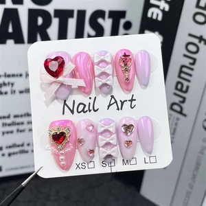 <span class=keywords><strong>Uñas</strong></span> Postizas Color Rosa Dulce para el Día de San Valentín con Diseños de Corazón y Lazo, <span class=keywords><strong>Uñas</strong></span> Acrílicas con Punta Francesa, Forma de Almendra - Product Image 5