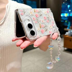 Funda de lujo con diseño de flores de tulipán para iPhone Duo, con correa de muñeca ancha, a prueba de golpes, cubierta rígida de PC. - Product Image 3