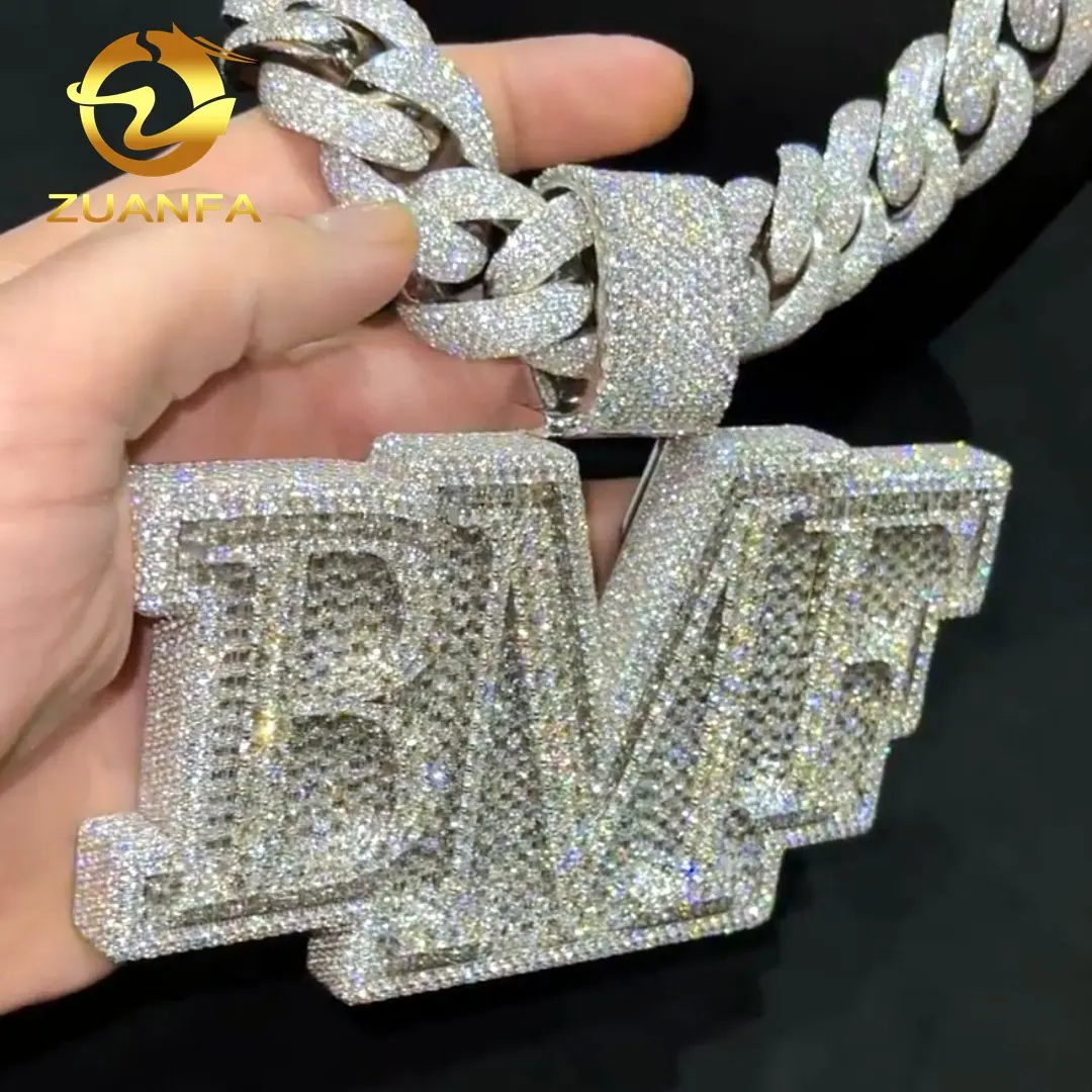 Custom Luxury 3'' Width Hip Hop Iced Out Fine Jewelry Micro Pave D color Vvs Baguette Moissanite Diamond Letter Pendant Necklace