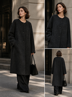 Manteau long décontracté sans col en mélange d'alpaga pour femme, élégant, en laine poilue, pour l'hiver, à bouton unique, épais, cousu main, couleur unie