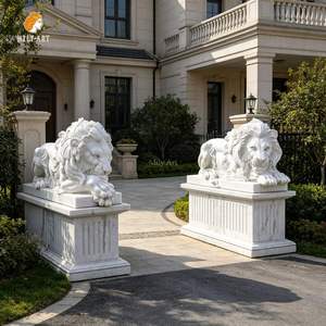Statue de lion en marbre sculptée à la main, grandeur nature, pour l'entrée, statue de lion décorative personnalisée pour jardin extérieur, à vendre - Product Image 1