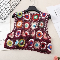Gilet en crochet à motif floral style doux, col en V, cardigan ajouré court tricoté à la main pour femme, idéal printemps-automne
