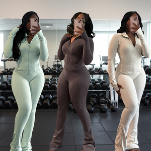 Set Jaket Lengan Panjang Logo Kustom dan Celana Legging Model Flare untuk Wanita, Set Olahraga Yoga 2 Potong - Product Image 1