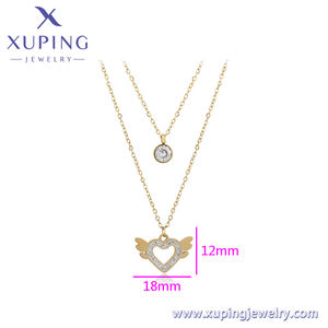 A00915134 Xuping joyería de moda elegante redondo circón corazón alas doble collar 14K color collar de acero inoxidable - Product Image 2
