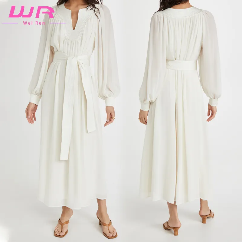 Custom Wholesale Fashion White Casual Dresses Women Clothing Lace-up V Neck Long Sleeve Elegant Maxi Dress Ladies