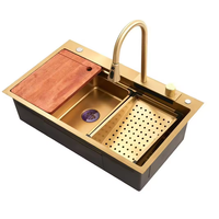 Évier de cuisine multifonctionnel de luxe en acier inoxydable 201 304 noir, fait main, avec robinet extractible