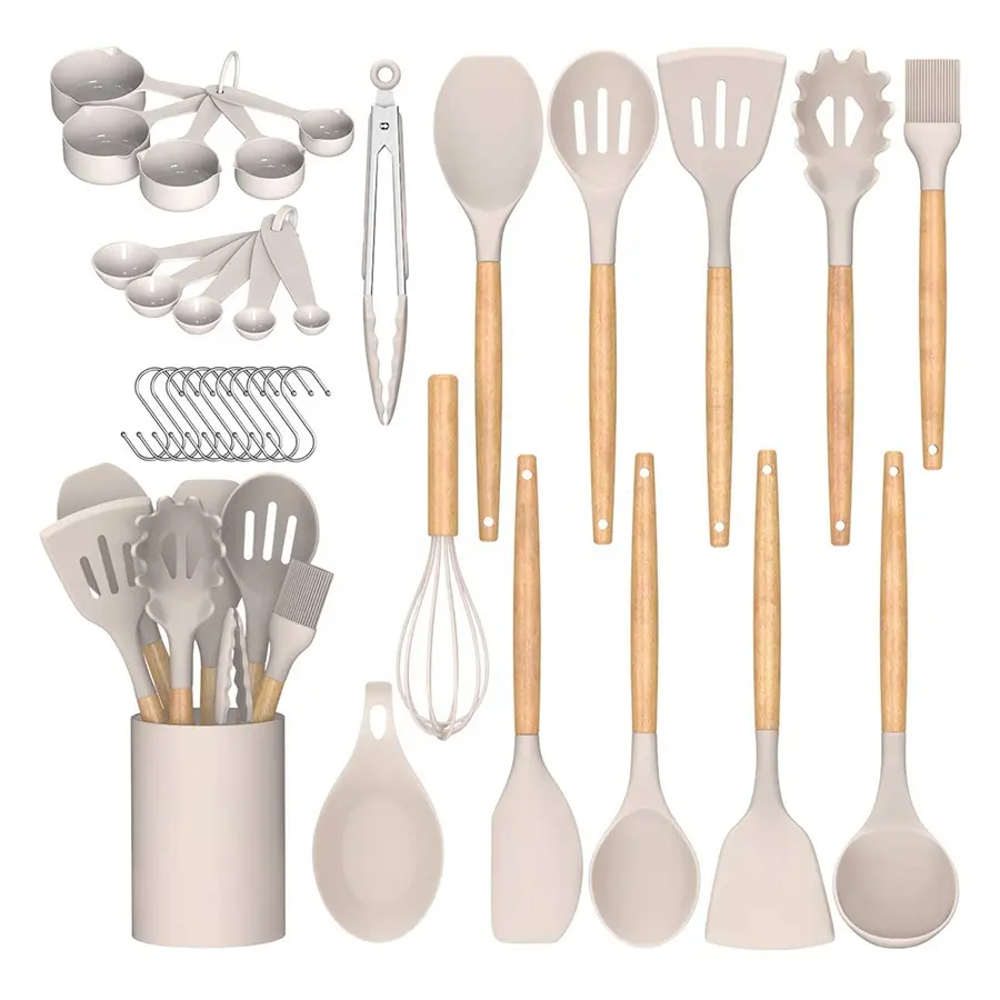 Outils de cuisine personnalisés gadgets accessoires ustensiles ensemble avec support ustensiles de cuisine en bois silicone ensembles d'ustensiles de cuisine