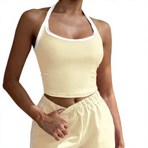 Women Black Halter Neck Crop Top With White Trim Sporty Knitted Spandex Polyester Set Regular Fit Spring Summer Wear - Product Image 4
