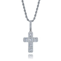 Collier Pendentif Croix Plaqué Or Sertie de Zircons Baguette, Chaîne Corde Hip Hop, Bijou Religieux pour Hommes