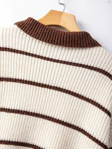 Suéter <span class=keywords><strong>de</strong></span> Punto Tipo Polo a Rayas para Mujer, Otoño-Invierno 2026, Cuello en Contraste, Manga Larga, Cuello Redondo Acanalado, 100% Poliéster, Estilo Old Money - Product Image 5