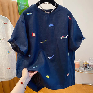 Nuova moda estiva girocollo in <span class=keywords><strong>lino</strong></span> ricamato a maniche corte ampia <span class=keywords><strong>t</strong></span>-<span class=keywords><strong>shirt</strong></span> da <span class=keywords><strong>donna</strong></span> - Product Image 2