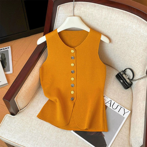 <span class=keywords><strong>Gilet</strong></span> en tricot élégant français à col rond et boutons floraux, <span class=keywords><strong>sans</strong></span> manches, ajusté pour <span class=keywords><strong>femme</strong></span>, haut chic, <span class=keywords><strong>gilet</strong></span> féminin - Product Image 2