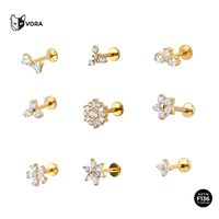 Collection de bijoux de piercing corporel en titane ASTM F136 plaqué or avec zircone cubique, labret à poussoir sans filetage à dos plat, vente en gros d'usine