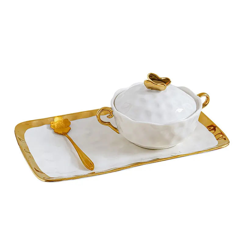 Керамические сахара и воды десерт семейный завтрак, с каймой золотистого цвета с крышкой миска набор