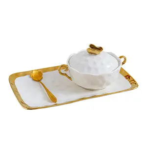 Keramik Gula dan Air Makanan Penutup Keluarga Sarapan Tepi Emas Pot dengan Penutup Sup Mangkuk Set