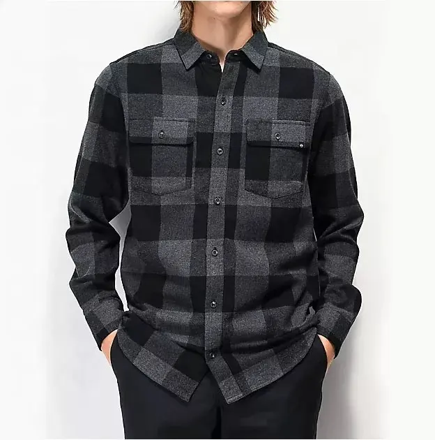 Manufacturer Men Long Sleeve with Chest Pocket Check Pattern Turn-down Collar Flannel Black plain Plaid flannel shirt