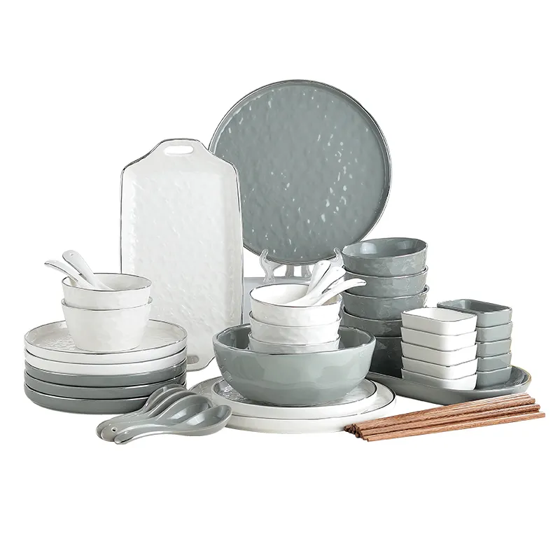 Service de table en céramique texturée de haute qualité, vaisselle en porcelaine, assiette blanche grise, vaisselle avec bord argenté