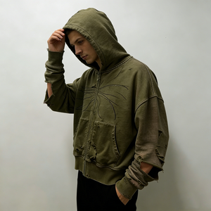 लोगों ने जैतून के हरे रंग के हुडी को ओवरसाइज़ किया हुआ ग्राफिक सिलाई कच्ची मिट्टी की जेब से आकस्मिक स्ट्रीटवियर - Product Image 2