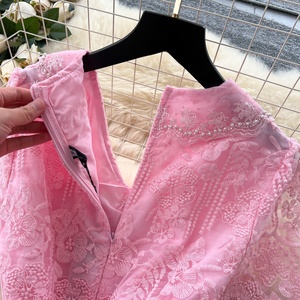 Vestido Elegante de Verano para Mujer, de Alta Gama, con Cuello Peter Pan de Encaje, Manga Corta, Cintura Ajustada y Bordado - Product Image 5