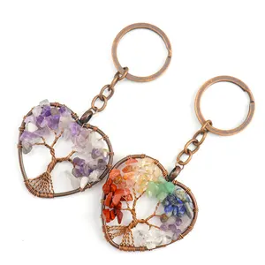 Tree of Life Natural chip stone crystal Love keychain 7 chakra healing yoga gemstone heart pendant keyring bag key chain