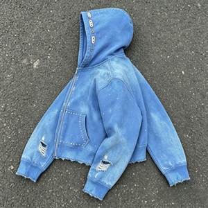 <b>Men's</b> Blue Hooded Zip-Up Fleece <b>Jacket</b> With Pockets Frayed Hem Rivet Details Regular Fit Knitted Fabric - Product Image 3