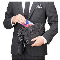 Tas genggam pria mewah, tas genggam pria mewah, hitam timbul, kulit asli, ritsleting, dompet panjang ramping, tas pegangan Anti Maling
