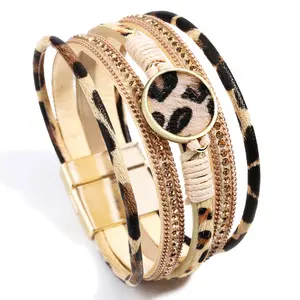 Popular Winter Jewelry Cheetah Animal Fur Bracelet Magnetic Buckle Multi Layer Crystal Leopard Print Leather Bracelet
