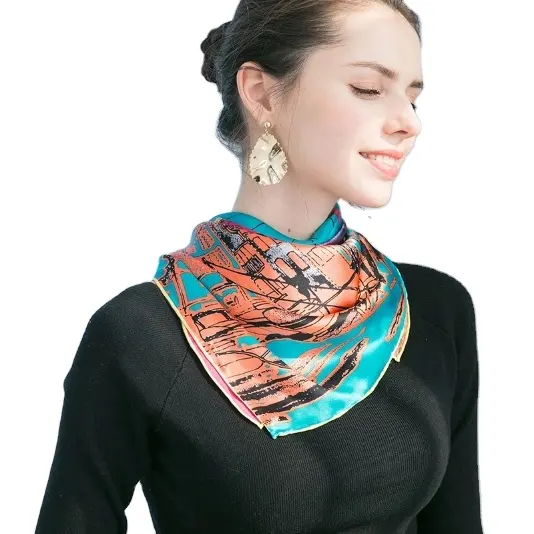 Bufandas de cuello de lujo natural con logotipo impreso personalizado de fabricante chino de alta calidad bufanda de seda para mujer