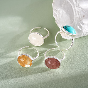 Handmade Twisted Band Natural Gemstone Open <b>Rings</b> Round Turquoise Rose Quartz <b>Statement</b> <b>Rings</b> For Women - Product Image 2