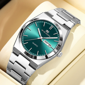 Montre pour homme à cadran noir minimaliste, bracelet en acier intégré, montre décontractée et professionnelle avec affichage du jour et de la date - Product Image 5