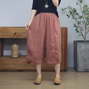 Cotton Linen Capri Pants Women Loose Fit Plus Size Breathable Wide Leg Casual Pants Pink Beige Black Light Brown Dark Brown - Product Image 1