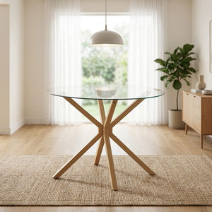 Modern Scandinavian Round <b>Dining</b> <b>Table</b> with Tempered Glass <b>Top</b> and Wood Legs for Home Furniture - Product Image 1